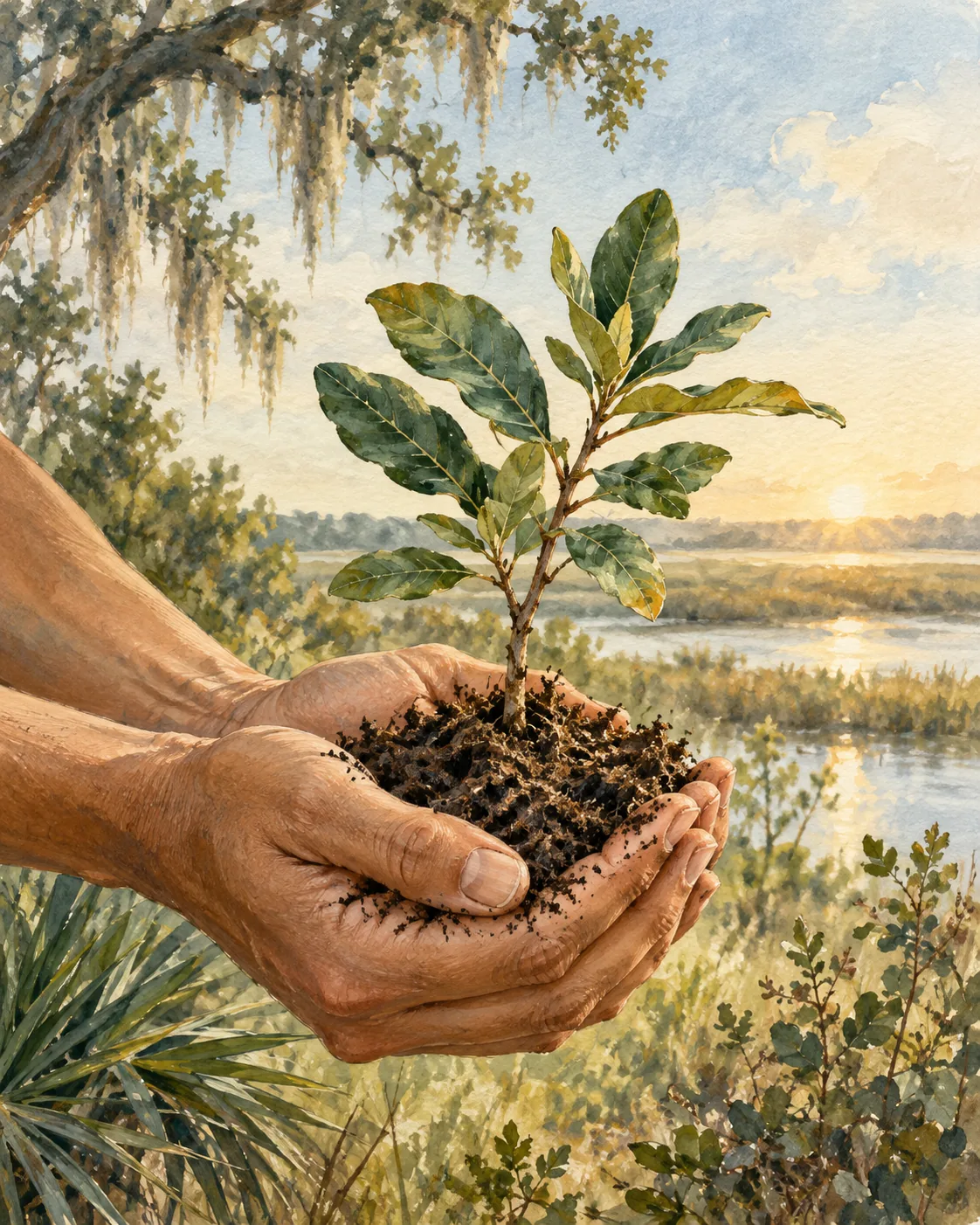 Watercolor illustration of hands holding a young sapling