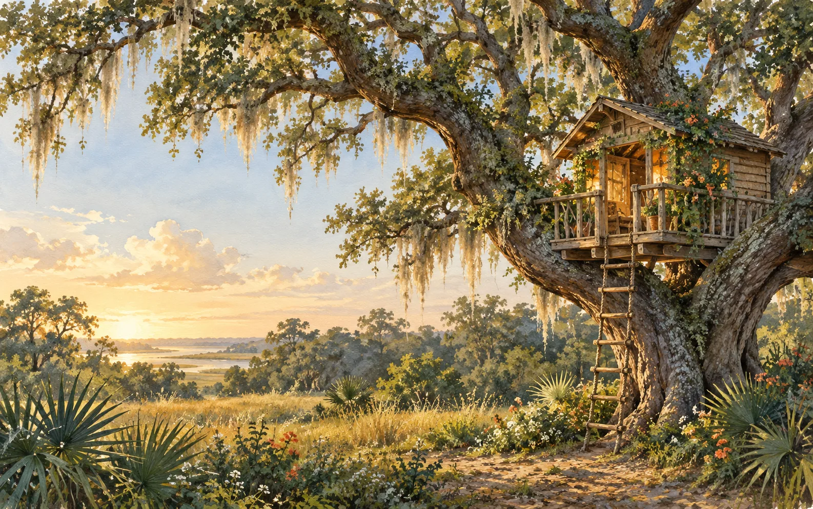Watercolor illustration of a treehouse nestled in a live oak
